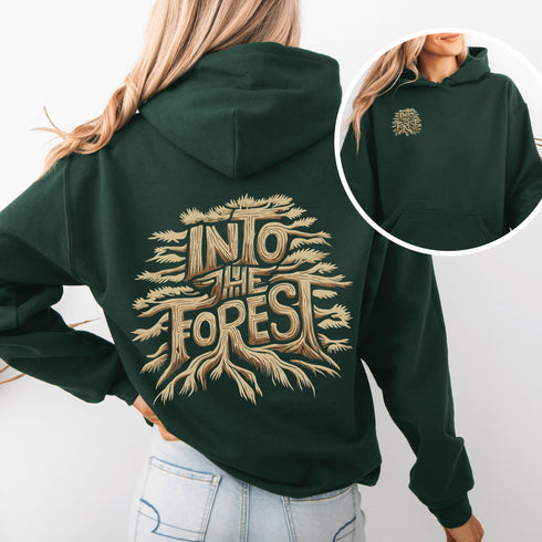 Featuring the phrase "Into the Forest" uniquely crafted in tree branch lettering, this design brings the beauty and mystery of the woods to life.