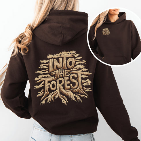 Featuring the phrase "Into the Forest" uniquely crafted in tree branch lettering, this design brings the beauty and mystery of the woods to life.