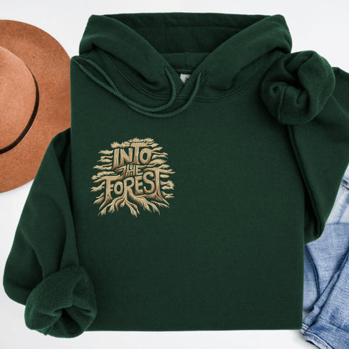 Featuring the phrase "Into the Forest" uniquely crafted in tree branch lettering, this design brings the beauty and mystery of the woods to life.