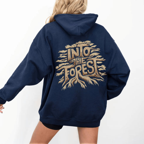 Featuring the phrase "Into the Forest" uniquely crafted in tree branch lettering, this design brings the beauty and mystery of the woods to life.