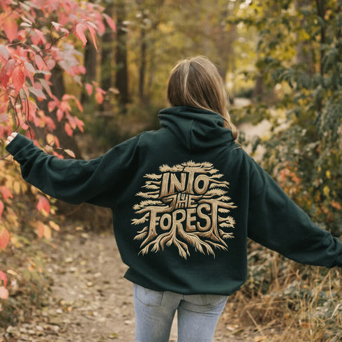 Featuring the phrase "Into the Forest" uniquely crafted in tree branch lettering, this design brings the beauty and mystery of the woods to life.