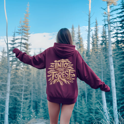 Featuring the phrase "Into the Forest" uniquely crafted in tree branch lettering, this design brings the beauty and mystery of the woods to life.