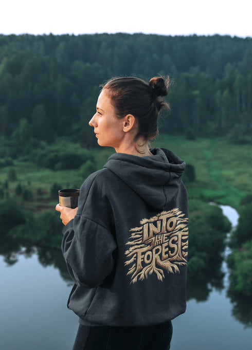 Featuring the phrase "Into the Forest" uniquely crafted in tree branch lettering, this design brings the beauty and mystery of the woods to life.