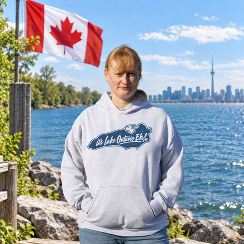 It’s Lake Ontario Eh Canadian lake life graphic hoodie featuring a vintage Lake Ontario design and maple leaf