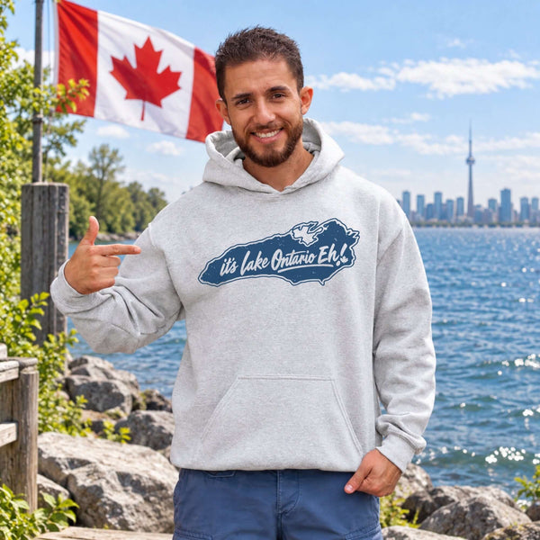 It’s Lake Ontario Eh Canadian lake life graphic hoodie featuring a vintage Lake Ontario design and maple leaf