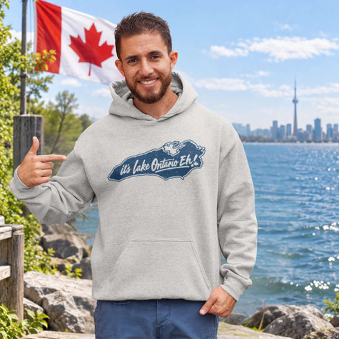 It’s Lake Ontario Eh Canadian lake life graphic hoodie featuring a vintage Lake Ontario design and maple leaf