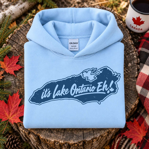 A light blue folded hoodie displayed on a rustic tree stump with autumn leaves and a plaid blanket around it. The hoodie features a dark blue graphic of Lake Ontario's map outline with the text 'it's Lake Ontario Eh!'.