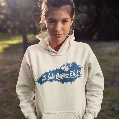 It’s Lake Ontario Eh Canadian lake life graphic hoodie featuring a vintage Lake Ontario design and maple leaf