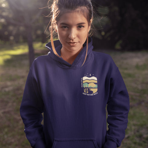 Celebrate the beauty of the prairies with this bold color-blocked hoodie featuring a striking bison silhouette, golden wheat fields, and an open prairie sky.