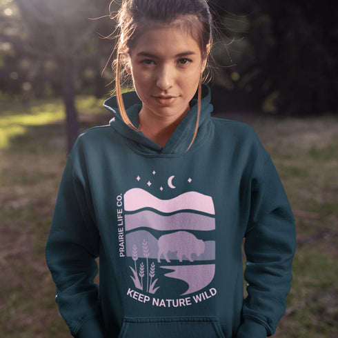 The design showcases a bison roaming through layered prairie scenery, framed by flowing fields, calm waters, and a moonlit night sky.