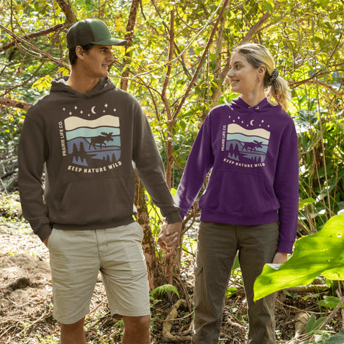 Featuring a moose design paired with a nature-inspired landscape, this hoodie reflects the beauty of Canada’s wild spaces and the importance of protecting them.