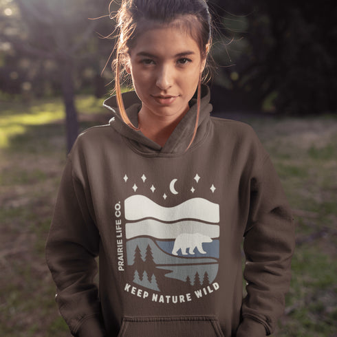 Keep Nature Wild hoodie from Prairie Life Co. Premium outdoor adventure hoodie featuring a wilderness graphic. Soft, warm unisex sweatshirt for nature lovers.