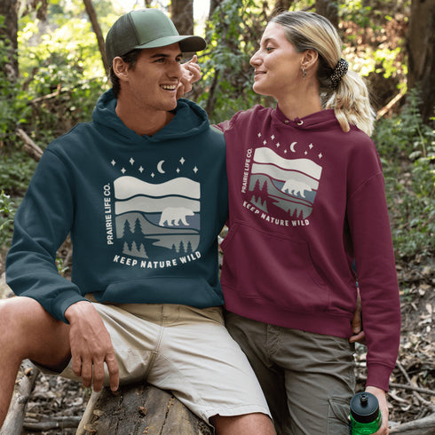 Keep Nature Wild hoodie from Prairie Life Co. Premium outdoor adventure hoodie featuring a wilderness graphic. Soft, warm unisex sweatshirt for nature lovers.