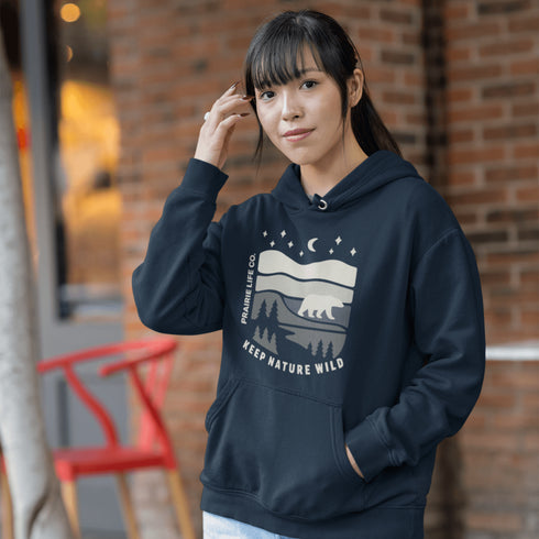 Keep Nature Wild hoodie from Prairie Life Co. Premium outdoor adventure hoodie featuring a wilderness graphic. Soft, warm unisex sweatshirt for nature lovers.
