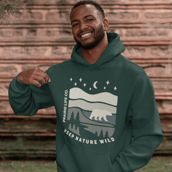 Keep Nature Wild hoodie from Prairie Life Co. Premium outdoor adventure hoodie featuring a wilderness graphic. Soft, warm unisex sweatshirt for nature lovers.