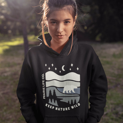 Keep Nature Wild hoodie from Prairie Life Co. Premium outdoor adventure hoodie featuring a wilderness graphic. Soft, warm unisex sweatshirt for nature lovers.
