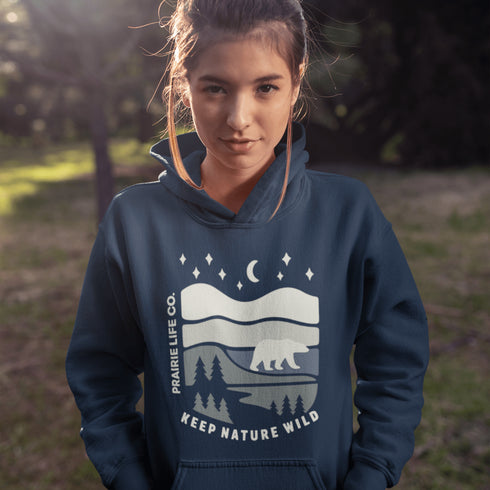 Keep Nature Wild hoodie from Prairie Life Co. Premium outdoor adventure hoodie featuring a wilderness graphic. Soft, warm unisex sweatshirt for nature lovers.