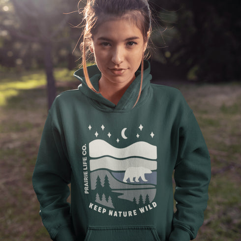 Keep Nature Wild hoodie from Prairie Life Co. Premium outdoor adventure hoodie featuring a wilderness graphic. Soft, warm unisex sweatshirt for nature lovers.