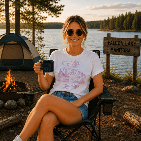 Woman sitting by a campfire at Falcon Lake, Manitoba, holding a mug.
