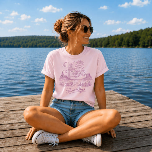 Woman sitting on a dock by a lake wearing a pink t-shirt with purple text and graphics.