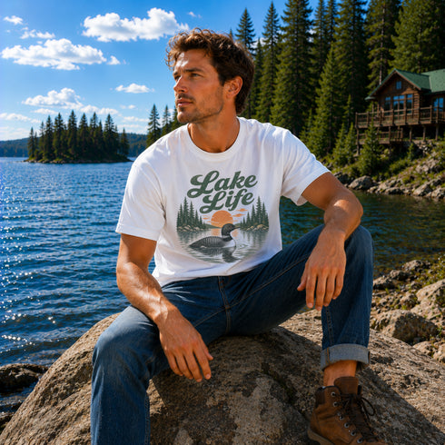 Man sitting on a rock by a lake wearing a 'Lake Life' t-shirt with a scenic design.