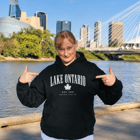 Lake Ontario EST 1641 Canadian hoodie with maple leaf and vintage collegiate lettering