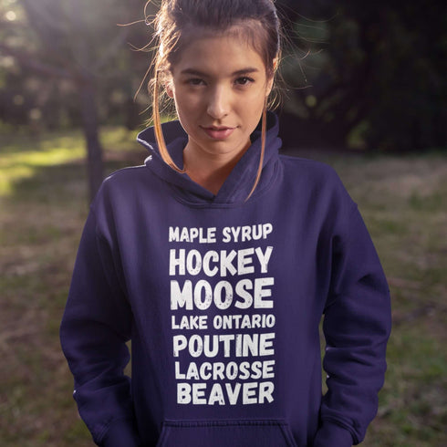 Canadian Lake Ontario hoodie with maple syrup hockey moose poutine lacrosse and beaver typography design