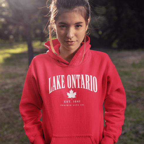 Lake Ontario EST 1641 Canadian hoodie with maple leaf and vintage collegiate lettering