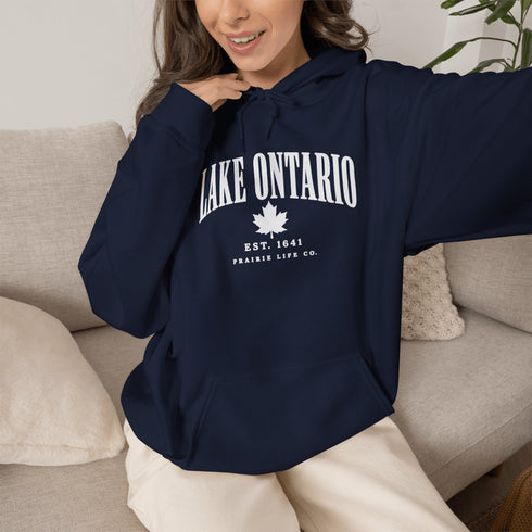 Lake Ontario EST 1641 Canadian hoodie with maple leaf and vintage collegiate lettering