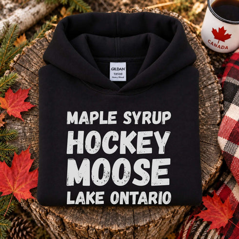 Canadian Lake Ontario hoodie with maple syrup hockey moose poutine lacrosse and beaver typography design