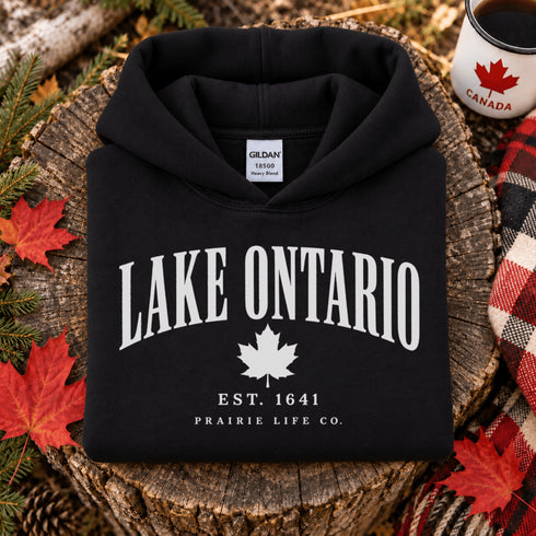 Lake Ontario EST 1641 Canadian hoodie with maple leaf and vintage collegiate lettering