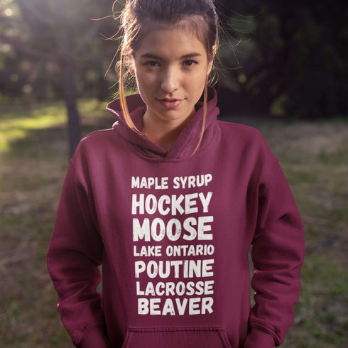 Canadian Lake Ontario hoodie with maple syrup hockey moose poutine lacrosse and beaver typography design