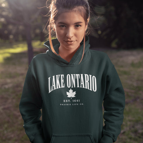 Lake Ontario EST 1641 Canadian hoodie with maple leaf and vintage collegiate lettering