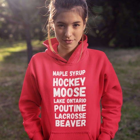 Canadian Lake Ontario hoodie with maple syrup hockey moose poutine lacrosse and beaver typography design
