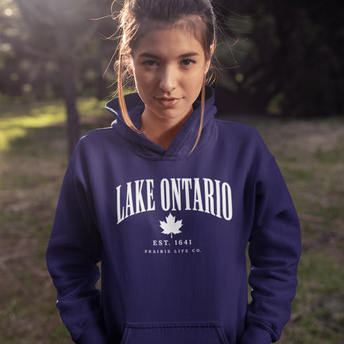 Lake Ontario EST 1641 Canadian hoodie with maple leaf and vintage collegiate lettering