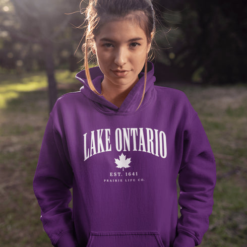 Lake Ontario EST 1641 Canadian hoodie with maple leaf and vintage collegiate lettering