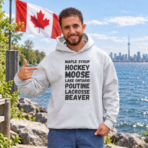 Canadian Lake Ontario hoodie with maple syrup hockey moose poutine lacrosse and beaver typography design