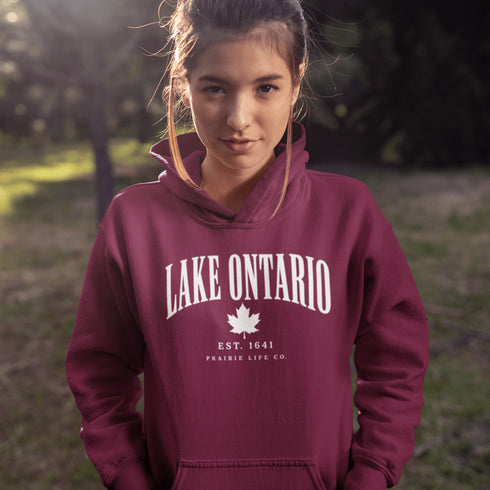 Lake Ontario EST 1641 Canadian hoodie with maple leaf and vintage collegiate lettering
