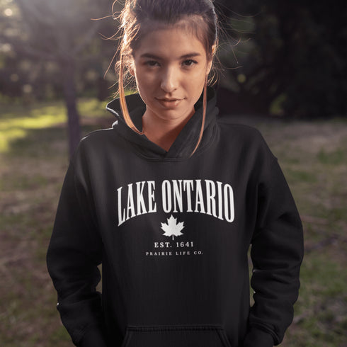 Lake Ontario EST 1641 Canadian hoodie with maple leaf and vintage collegiate lettering