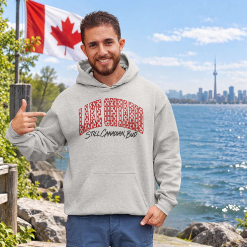 Lake Ontario Still Canadian Bud hoodie with red maple leaf collegiate lettering and Canadian lake-inspired design