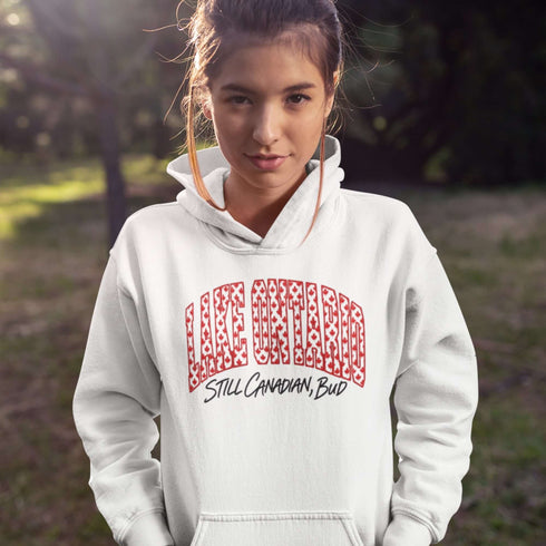 Lake Ontario Still Canadian Bud hoodie with red maple leaf collegiate lettering and Canadian lake-inspired design
