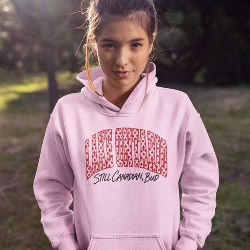 Lake Ontario Still Canadian Bud hoodie with red maple leaf collegiate lettering and Canadian lake-inspired design