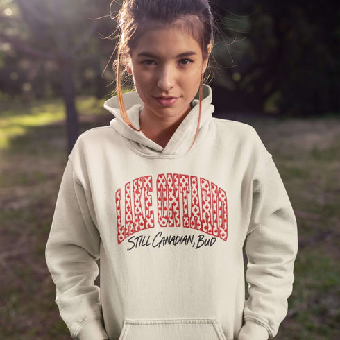 Lake Ontario Still Canadian Bud hoodie with red maple leaf collegiate lettering and Canadian lake-inspired design