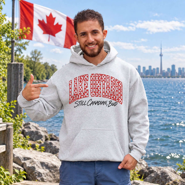 Lake Ontario Still Canadian Bud hoodie with red maple leaf collegiate lettering and Canadian lake-inspired design