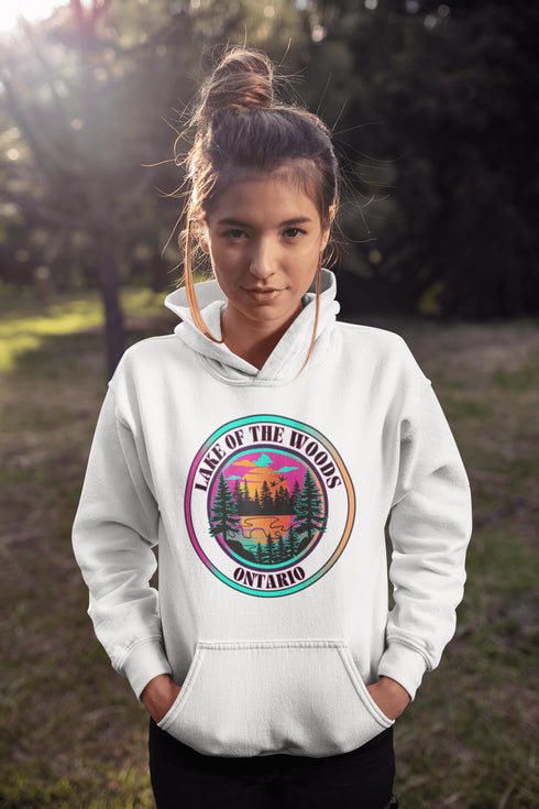 Featuring a stunning lake scene with a vibrant sunset, this hoodie captures the beauty of Lake of the Woods in Ontario, where tranquil waters meet the warm glow of a setting sun.