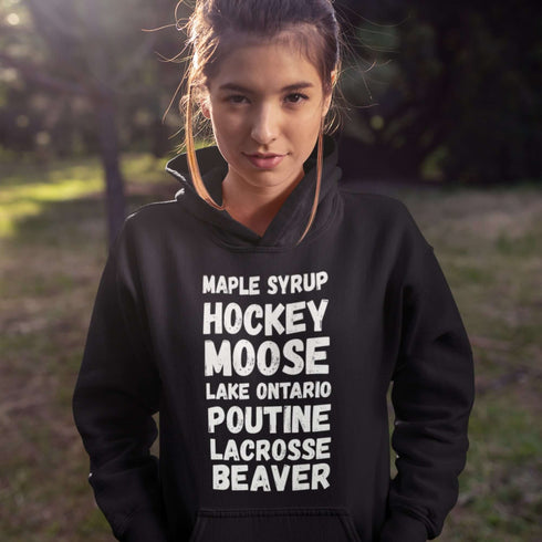 Canadian Lake Ontario hoodie with maple syrup hockey moose poutine lacrosse and beaver typography design