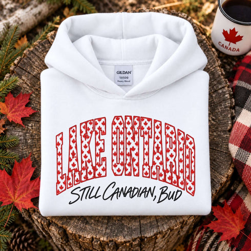 Lake Ontario Still Canadian Bud hoodie with red maple leaf collegiate lettering and Canadian lake-inspired design