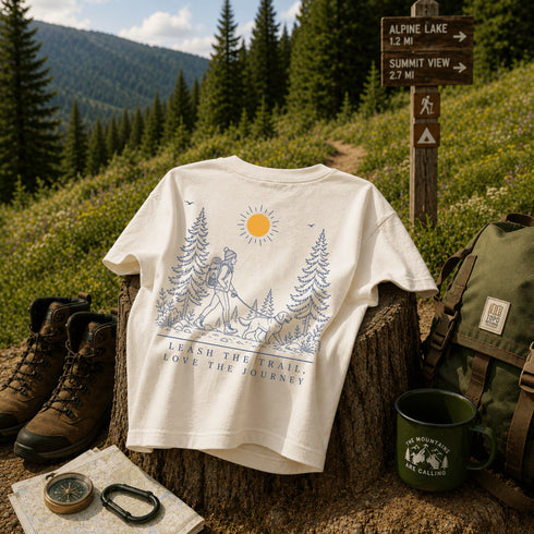 Comfort Colors 1717 unisex t-shirt featuring a coordinating left chest pocket design and large outdoor-inspired back graphic, shown in a lifestyle setting and available in multiple garment-dyed colours.