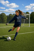 Person kicking a soccer ball on a field with a goalpost in the background