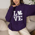 Canada LOVE hoodie with Canadian maple leaf graphic on a purple unisex sweatshirt